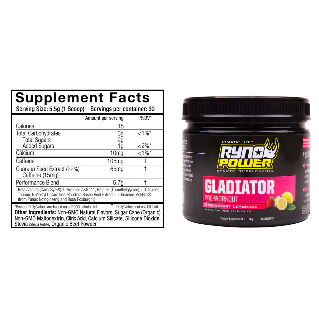 Ryno Power - Gladiator Strawberry Lemon Preworkout - 150g - Image 2